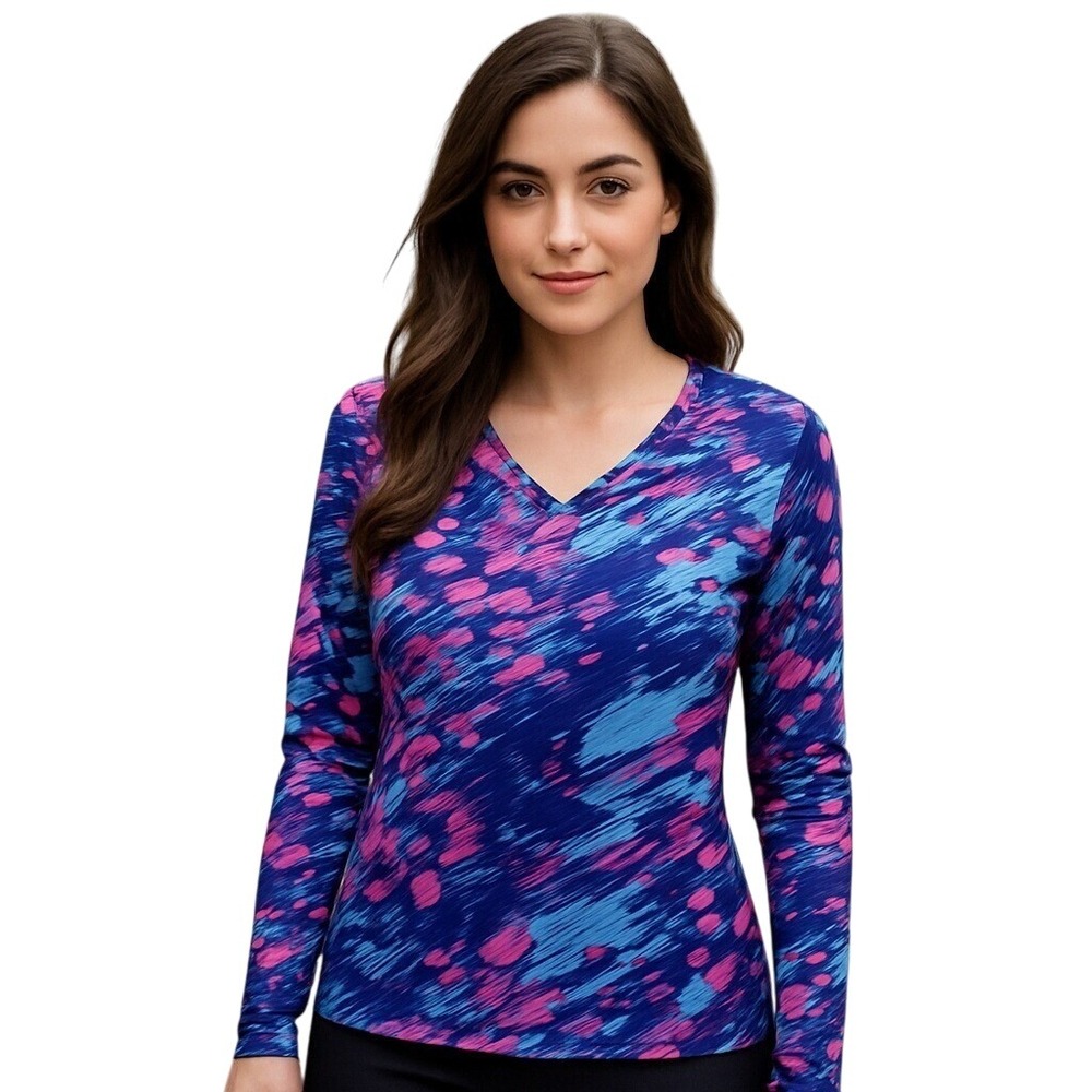 Reel Legends V-Neck Performance Top Long Sleeve Activewear Blue Pink S